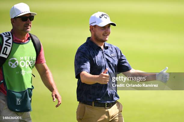 Emiliano Grillo of Argentina reacts after a shot during the third round of the Mexico Open at Vidanta on April 29, 2023 in Puerto Vallarta, Jalisco.