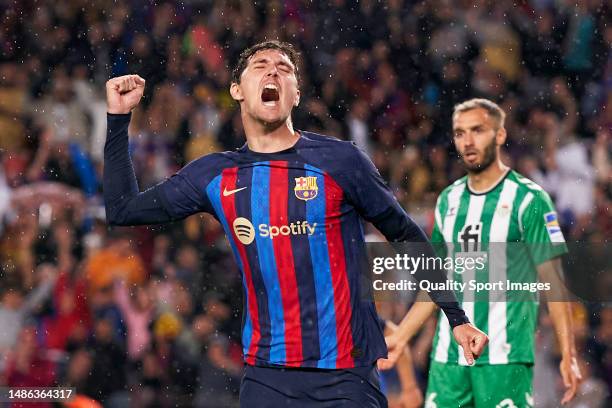 Andreas Christensen of FC Barcelona celebrates after scoring their side's first goal during the LaLiga Santander match between FC Barcelona and Real...