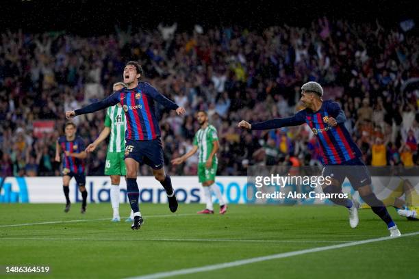 Andreas Christensen of FC Barcelona celebrates after scoring the team's first goal during the LaLiga Santander match between FC Barcelona and Real...