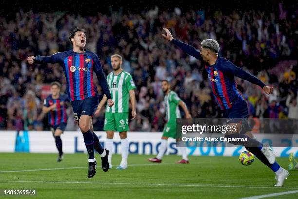 Andreas Christensen of FC Barcelona celebrates with teammate Ronald Araujo after scoring the team's first goal during the LaLiga Santander match...