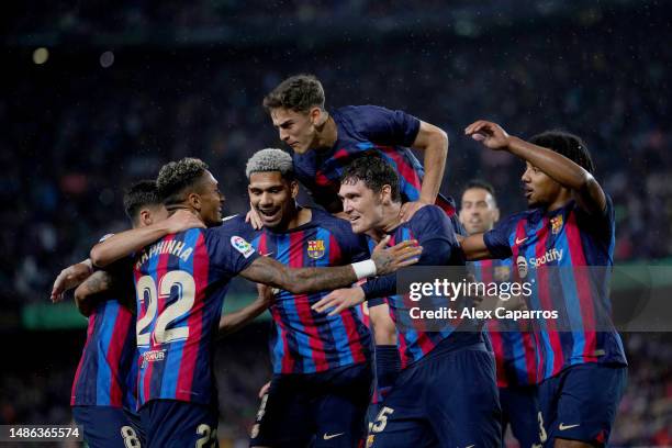 Andreas Christensen of FC Barcelona celebrates with teammates after scoring the team's first goal during the LaLiga Santander match between FC...