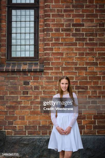 three quarter portrait of teenager in white dress - white dress stock pictures, royalty-free photos & images