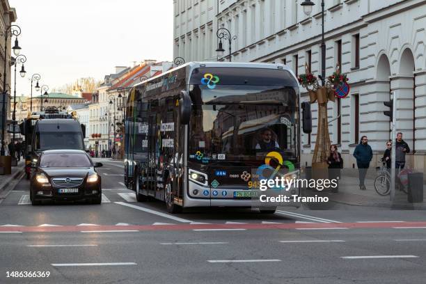 hydrogen bus nesobus on a street - warsaw bus stock pictures, royalty-free photos & images