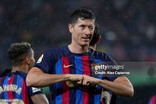 Robert Lewandowski of FC Barcelona celebrates after scoring the team's second goal during the LaLiga Santander match between FC Barcelona and Real...