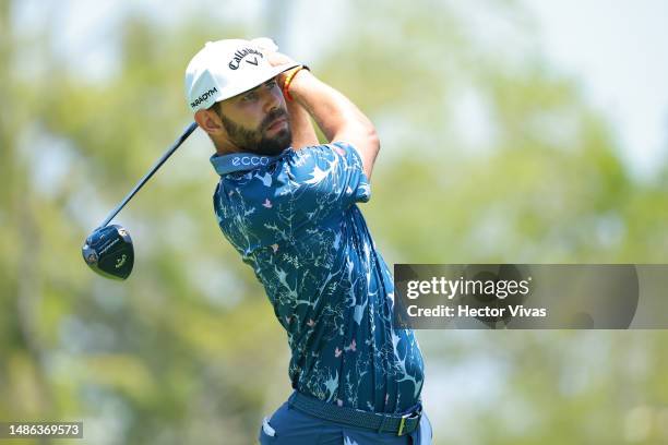 Erik Van Rooyen of South Africa plays his shot from the 8th tee during the third round of the Mexico Open at Vidanta on April 29, 2023 in Puerto...