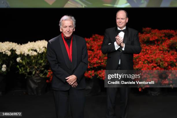 Costa-Gavras and Prince Albert II of Monaco are seen on stage during the 20th Monte-Carlo Film Festival De La Comedie at Grimaldi Forum on April 29,...