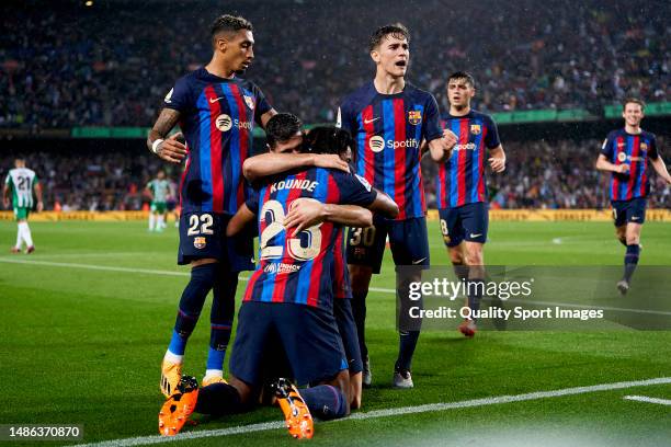 Robert Lewandowski of FC Barcelona celebrates after scoring their side's second goal with his teammates during the LaLiga Santander match between FC...