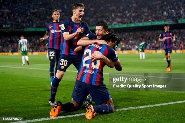 Robert Lewandowski of FC Barcelona celebrates after scoring their side's second goal with his teammates during the LaLiga Santander match between FC...