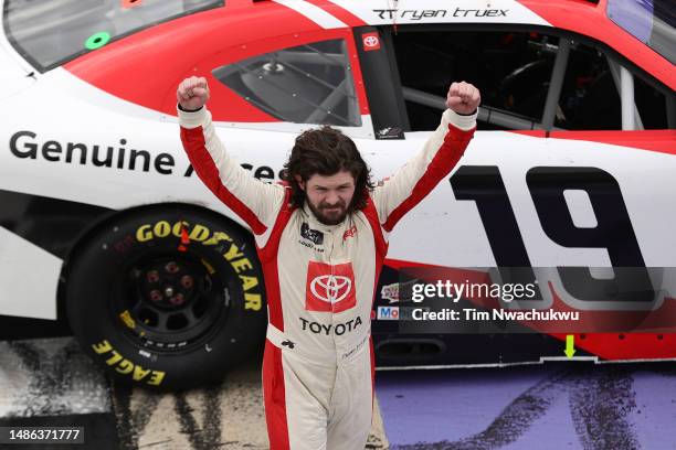 Ryan Truex, driver of the Toyota Genuine Accessories Toyota, celebrates after winning the NASCAR Xfinity Series A-GAME 200 at Dover International...