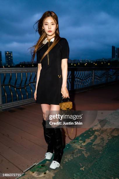 Yeji of girl group ITZY is seen in the front row during the Louis Vuitton Pre-Fall 2023 Show on the Jamsugyo Bridge at the Hangang River on April 29,...