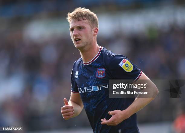 Carlisle player Jack Armer in action during the Sky Bet League Two between Carlisle United and Salford City at Brunton Park on April 29, 2023 in...