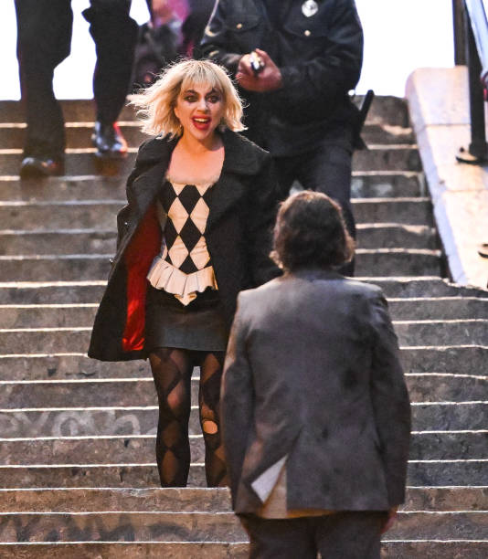 Lady Gaga and Joaquin Phoenix are seen on the set of "Joker: Folie a Deux" at Shakespeare Steps in the Bronx on April 03, 2023 in New York City.