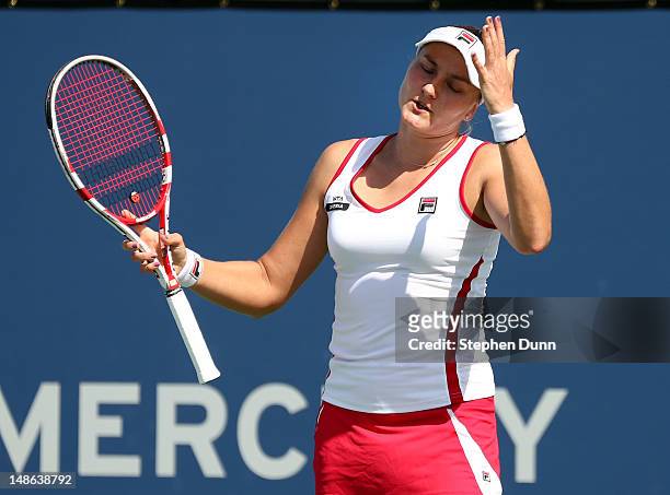Nadia Petrova of Russia reacts during her match with Alexa Glatch during day five of the Mercury Insurance Open Presented By Tri-City Medical at La...