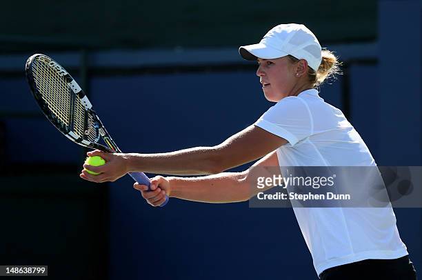Alexa Glatch serves to Nadia Petrova of Russia during day five of the Mercury Insurance Open Presented By Tri-City Medical at La Costa Resort & Spa...