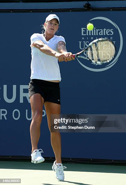 Alexa Glatch returns to Nadia Petrova of Russia during day five of the Mercury Insurance Open Presented By Tri-City Medical at La Costa Resort & Spa...