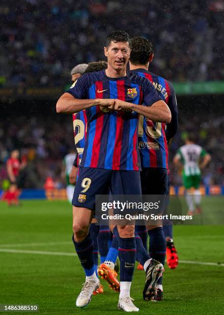 Robert Lewandowski of FC Barcelona celebrates after scoring his team's second goal during the LaLiga Santander match between FC Barcelona and Real...