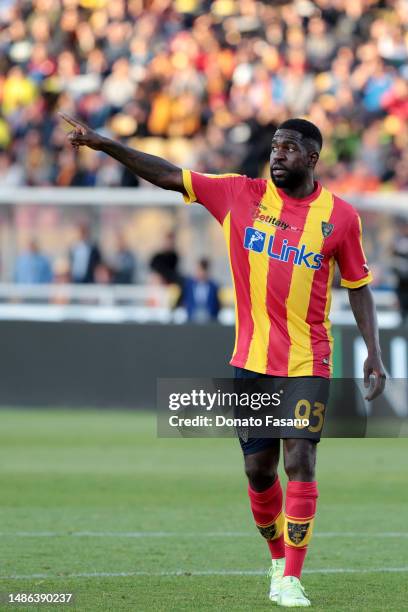 Samuel Umtiti of US Lecce in action during the Serie A match between US Lecce and Udinese Calcio at Stadio Via del Mare on April 28, 2023 in Lecce,...