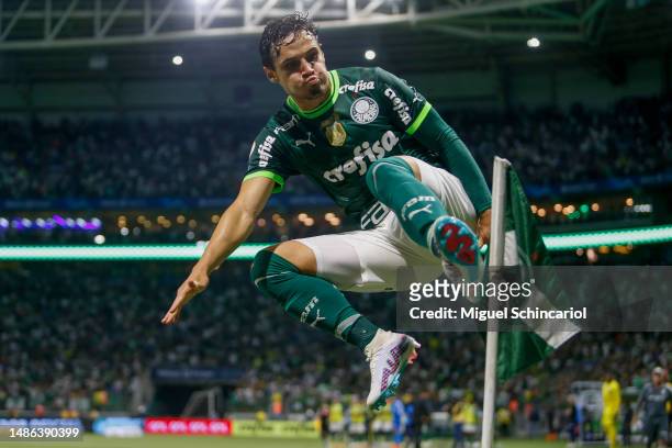 Raphael Veiga of Palmeiras celebrates after scoring the team's second goal during a match between Palmeiras and Corinthians as part of Brasileirao...