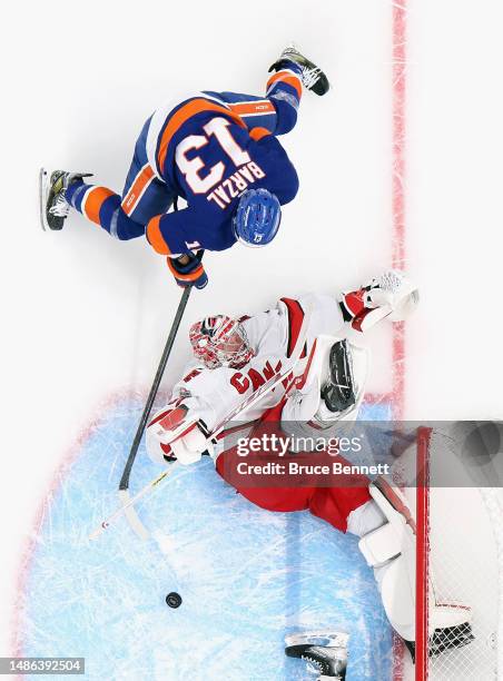 Frederik Andersen of the Carolina Hurricanes makes the save on Mathew Barzal of the New York Islanders in Game Six of the First Round of the 2023...