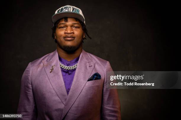 Jalen Carter poses for a photo after being selected 9th overall by the Philadelphia Eagles in the first round of the 2023 NFL Draft at Union Station...