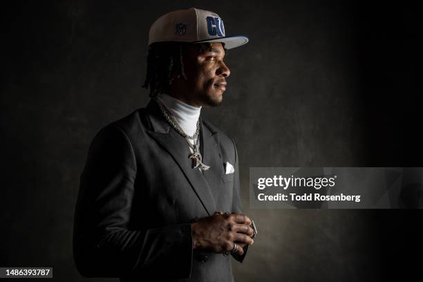 Anthony Richardson poses for a portrait after being selected fourth overall by the Indianapolis Colts during the first round of the 2023 NFL Draft at...