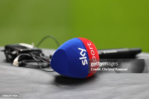 Microphone of sky sport channel prior to the Bundesliga match between FC Schalke 04 and SV Werder Bremen at Veltins-Arena on April 29, 2023 in...