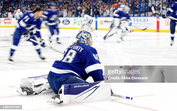Andrei Vasilevskiy of the Tampa Bay Lightning warms up during Game Six of the First Round of the 2023 Stanley Cup Playoffs against the Toronto Maple...