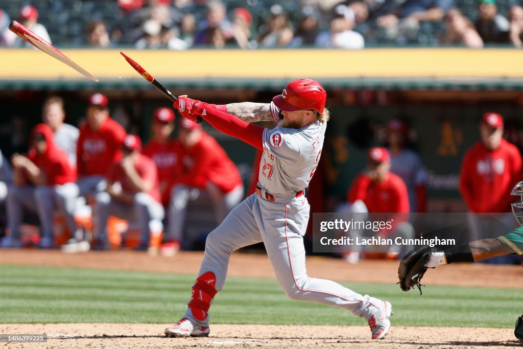 Jake Fraley of the Cincinnati Reds breaks his bat as he hits a... News ...