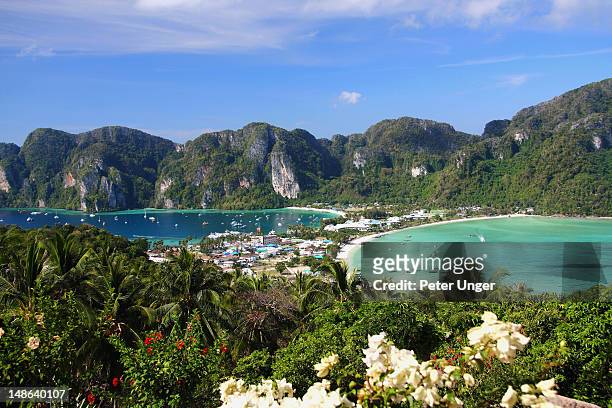 phi phi don village from the view point lookout. - phi phi islands stock pictures, royalty-free photos & images