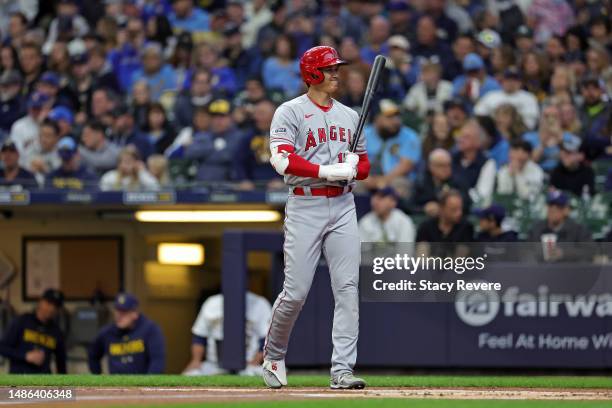 Shohei Ohtani of the Los Angeles Angels at bat during the first inning against the Milwaukee Brewers at American Family Field on April 29, 2023 in...