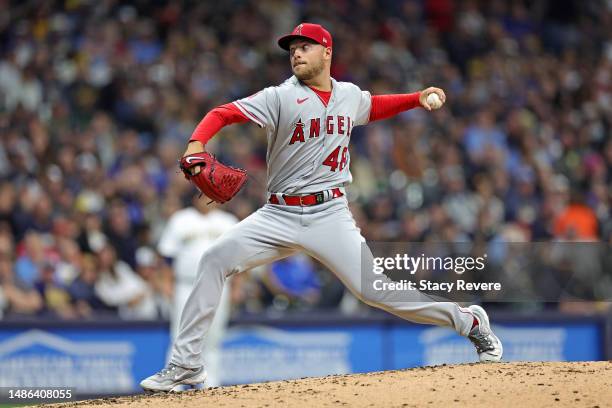 Reid Detmers of the Los Angeles Angels throws a pitch during the third inning against the Milwaukee Brewers at American Family Field on April 29,...