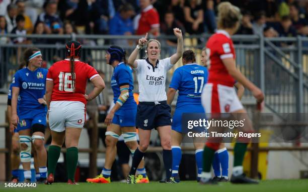 Referee Joy Neville makes a call during the TikTok Women's Six Nations match between Italy and Wales at Stadio Sergio Lanfranchi on April 29, 2023 in...