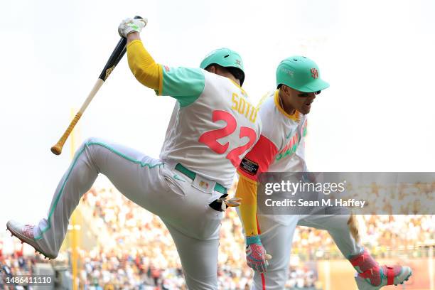 Juan Soto congratulates Manny Machado of the San Diego Padres after his solo homerun during the fifth inning of the MLB World Tour Mexico City Series...