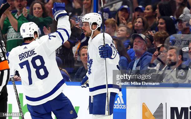 Auston Matthews of the Toronto Maple Leafs celebrates a goal in the second period during Game Six of the First Round of the 2023 Stanley Cup Playoffs...