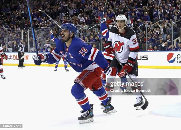 Chris Kreider of the New York Rangers celebrates his first period goal against the New Jersey Devils in Game Six of the First Round of the 2023...