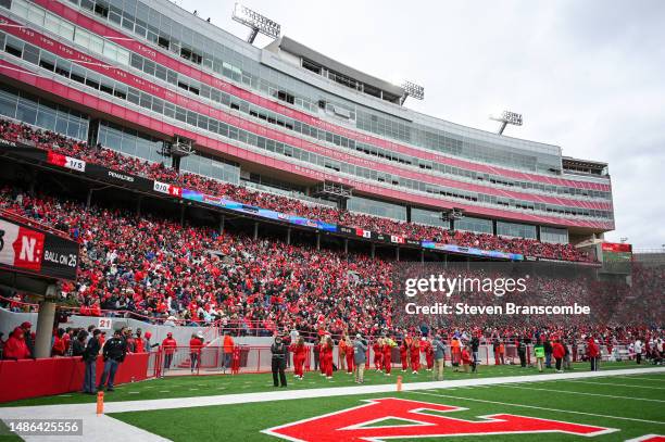 Fans gather at Memorial Stadium on April 22, 2023 in Lincoln, Nebraska.