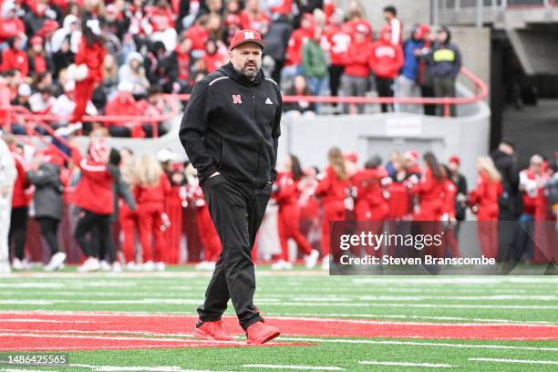 Head coach Matt Rhule of Nebraska Cornhuskers on the field at Memorial Stadium on April 22, 2023 in Lincoln, Nebraska.