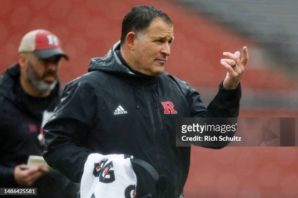 Head coach Greg Schiano of the Rutgers Scarlet Knights reacts during their Scarlet-White spring football game at SHI Stadium on April 29, 2023 in...