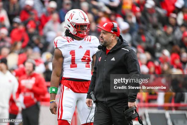 Head coach Matt Rhule of Nebraska Cornhuskers and quarterback Jeff Sims of Nebraska Cornhuskers at Memorial Stadium on April 22, 2023 in Lincoln,...