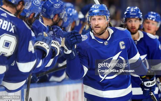 Steven Stamkos of the Tampa Bay Lightning celebrates a goal in the third period during Game Six of the First Round of the 2023 Stanley Cup Playoffs...