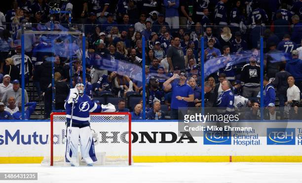 Andrei Vasilevskiy of the Tampa Bay Lightning looks on after losing Game Six of the First Round of the 2023 Stanley Cup Playoffs against the Toronto...