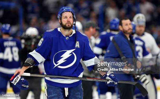 Nikita Kucherov of the Tampa Bay Lightning looks on after losing Game Six of the First Round of the 2023 Stanley Cup Playoffs against the Toronto...