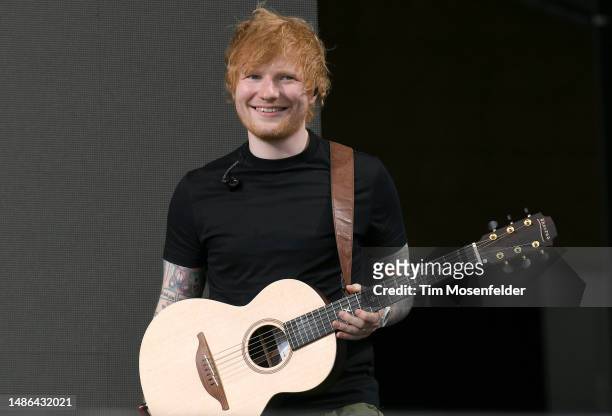 Ed Sheeran performs during the 52nd annual New Orleans Jazz & Heritage festival at Fair Grounds Race Course on April 29, 2023 in New Orleans,...