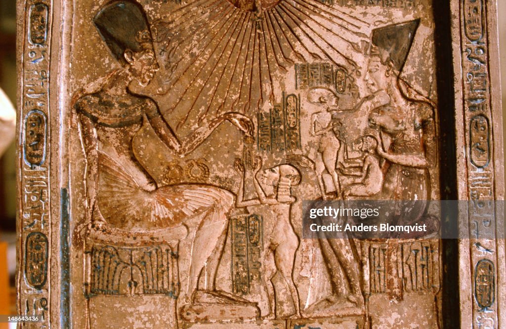 Stele depicting King Akhenaten, Nefertiti and their three daughters on display at the Egyptian Museum.