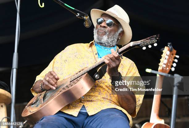 Taj Mahal of the Taj Mahal Quartet performs during the 52nd annual New Orleans Jazz & Heritage festival at Fair Grounds Race Course on April 29, 2023...