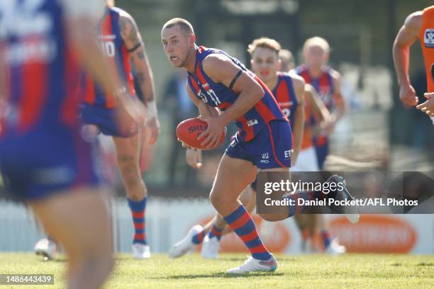 Harvey Cooper of Port Melbourne looks to pass the ball during the round six VFL match between Port Melbourne and Greater Western Sydney at ETU...