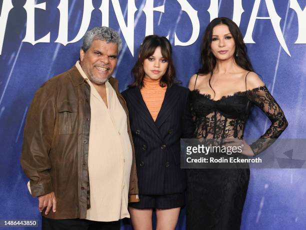 Luis Guzmán, Jenna Ortega, and Catherine Zeta-Jones attend Netflix's "Wednesday" ATAS official event photo call at Hollywood Forever on April 29,...
