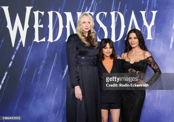 Gwendoline Christie, Jenna Ortega, and Catherine Zeta-Jones attend Netflix's "Wednesday" ATAS official event photo call at Hollywood Forever on April...