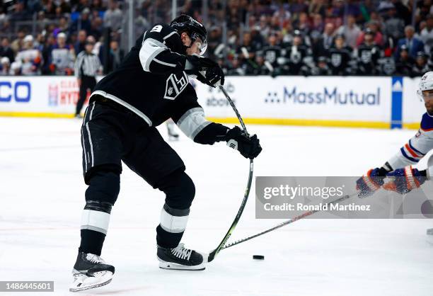 Adrian Kempe of the Los Angeles Kings skates the puck against the Edmonton Oilers during the second period in Game Six of the First Round of the 2023...