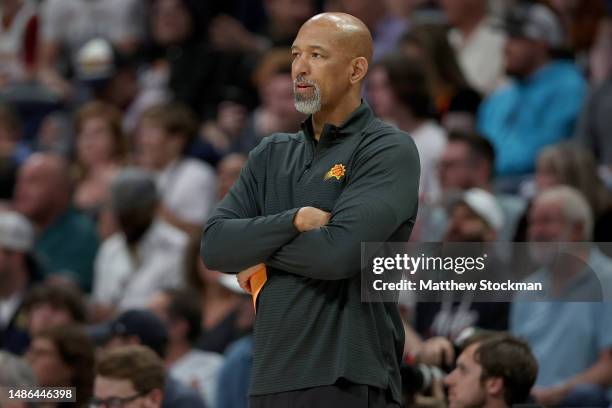 Heaed coach Monty Williams of the Phoenix Suns watches as his team plays the Denver Nuggets in the first quarter at Ball Arena on April 29, 2023 in...